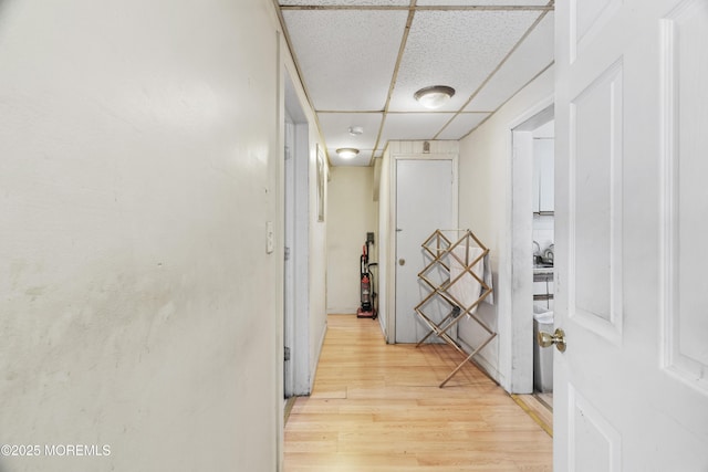 corridor with a drop ceiling and light wood-type flooring