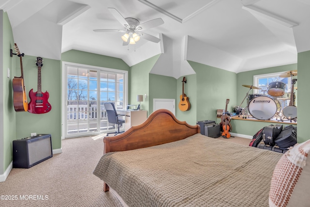 bedroom featuring vaulted ceiling, carpet flooring, and access to exterior