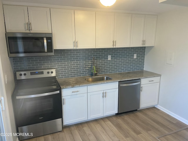 kitchen featuring white cabinets, appliances with stainless steel finishes, a sink, light wood-style floors, and backsplash