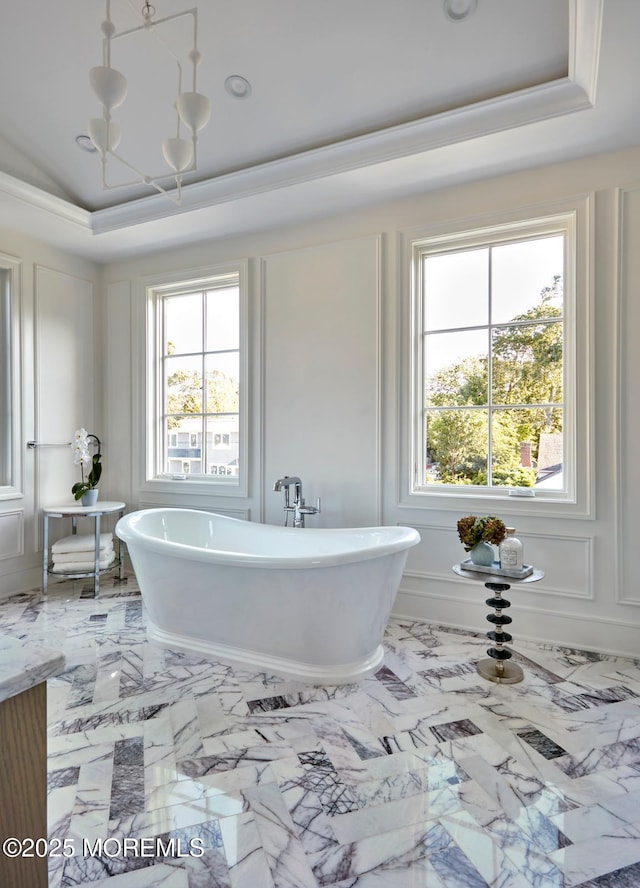 full bathroom with a freestanding bath, a tray ceiling, a wealth of natural light, and a decorative wall