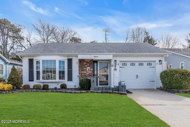 single story home with brick siding, an attached garage, a front lawn, roof with shingles, and driveway