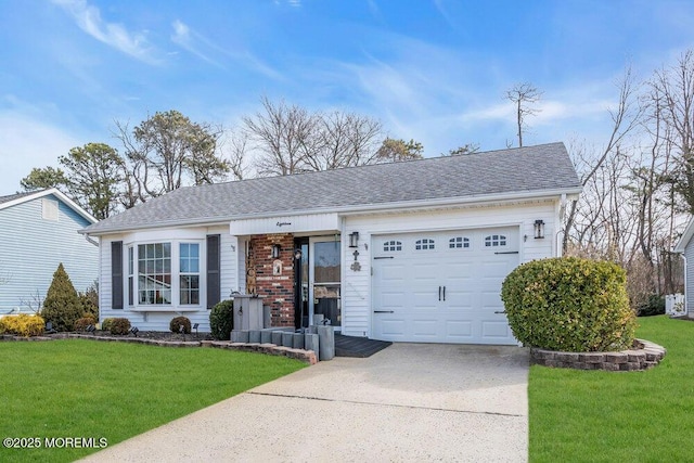 ranch-style home featuring a front yard, driveway, a shingled roof, a garage, and brick siding