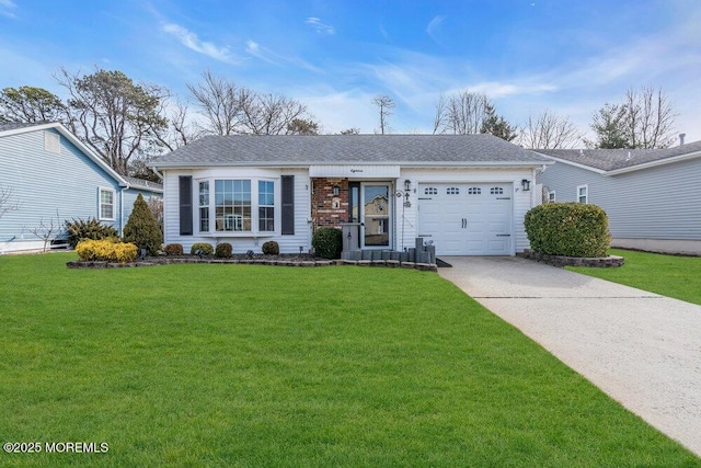 single story home featuring a front lawn, an attached garage, driveway, and roof with shingles