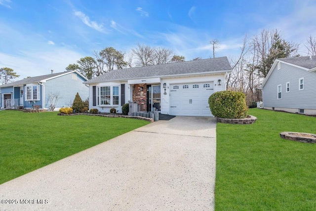 ranch-style home with a front yard, a shingled roof, concrete driveway, a garage, and brick siding