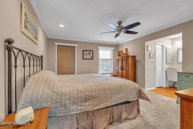 bedroom featuring a ceiling fan, baseboards, visible vents, recessed lighting, and crown molding