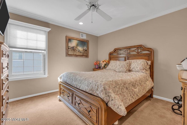 bedroom featuring visible vents, baseboards, and light colored carpet