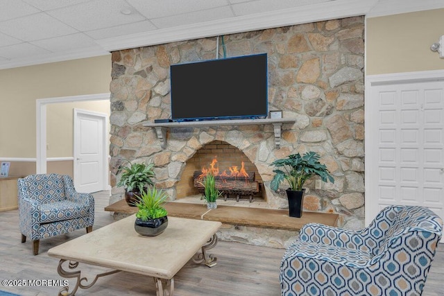 living area featuring a stone fireplace, a paneled ceiling, wood finished floors, and ornamental molding