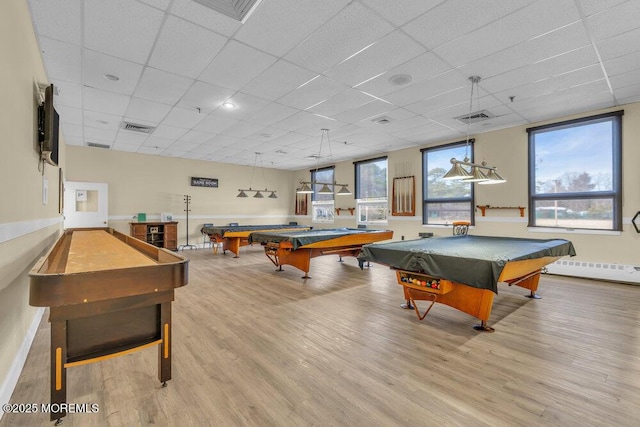 game room with billiards, wood finished floors, visible vents, and a drop ceiling