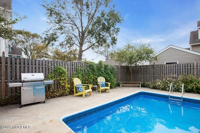 view of swimming pool featuring a grill, a fenced in pool, a fenced backyard, and a patio