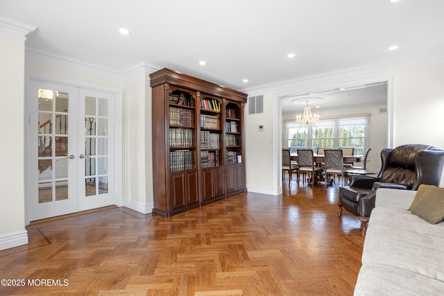 living area with ornamental molding, french doors, visible vents, and recessed lighting