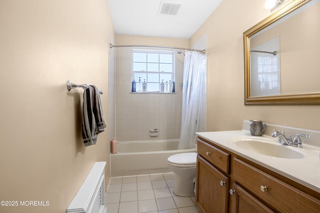 bathroom featuring visible vents, toilet, tile patterned flooring, shower / bath combination with curtain, and vanity