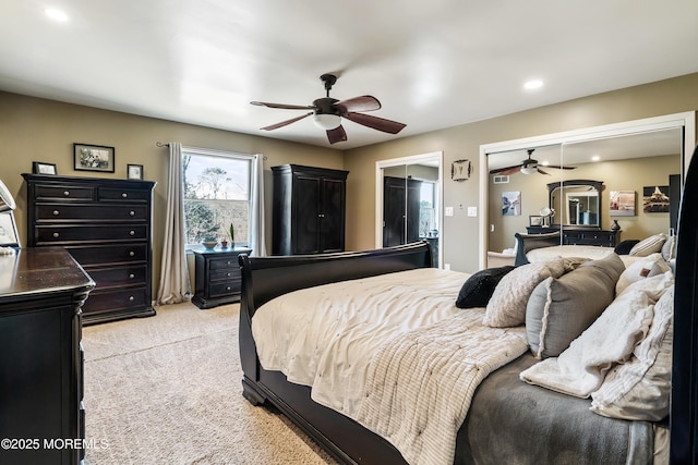 bedroom with recessed lighting, a ceiling fan, and light colored carpet