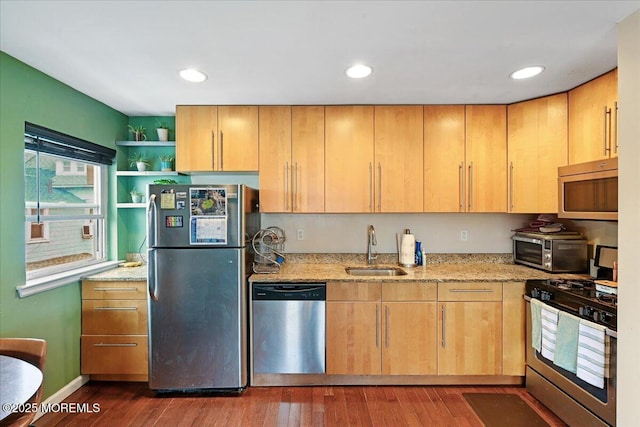 kitchen with appliances with stainless steel finishes, a sink, light stone counters, and dark wood-style floors