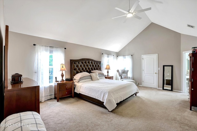 bedroom featuring visible vents, a baseboard heating unit, a ceiling fan, light carpet, and high vaulted ceiling