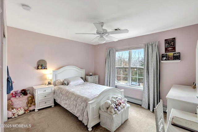 bedroom featuring a ceiling fan, a baseboard radiator, visible vents, and light colored carpet