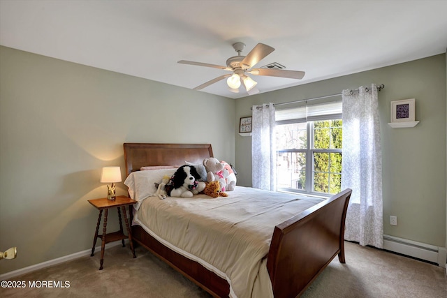 carpeted bedroom featuring a baseboard radiator, visible vents, baseboards, and a ceiling fan