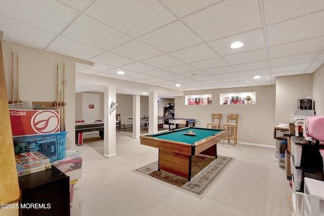 game room with carpet floors, a paneled ceiling, billiards, and baseboards