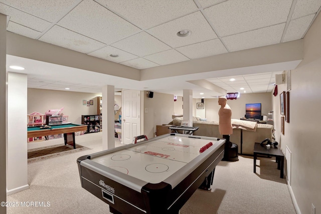 rec room with pool table, baseboards, carpet flooring, and recessed lighting