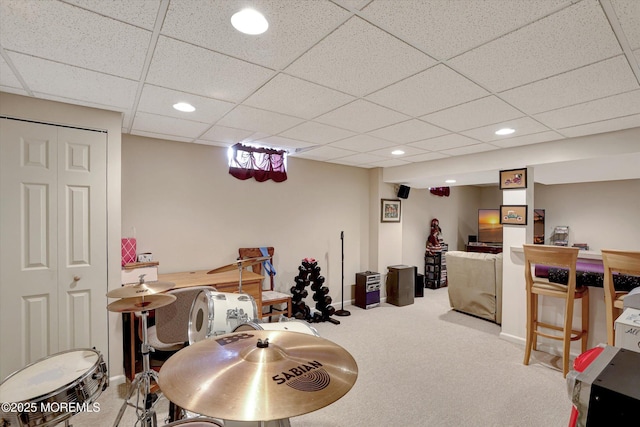 game room featuring baseboards, carpet flooring, a paneled ceiling, and recessed lighting