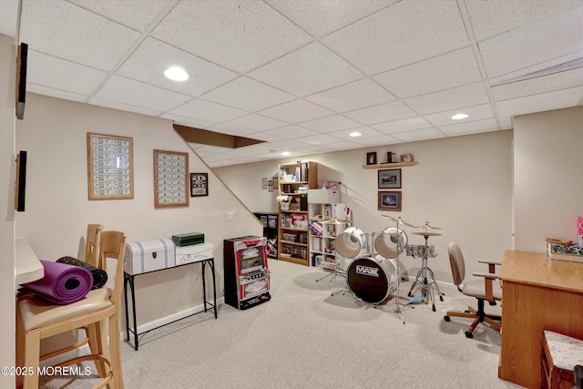 rec room with recessed lighting, carpet flooring, a paneled ceiling, and baseboards