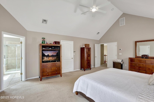 bedroom with high vaulted ceiling, light carpet, visible vents, and baseboards