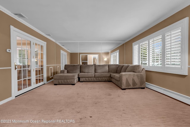 carpeted living room featuring a baseboard radiator, visible vents, and ornamental molding