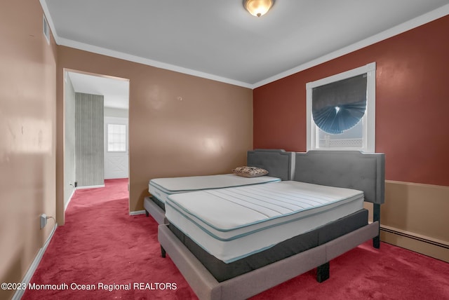 bedroom with a baseboard radiator, carpet flooring, crown molding, and baseboards