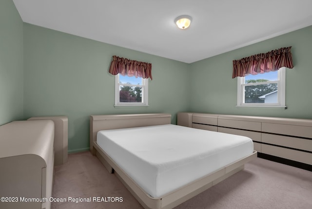 bedroom featuring multiple windows, baseboards, and light colored carpet