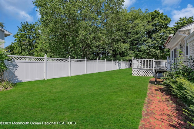 view of yard featuring a fenced backyard and a deck