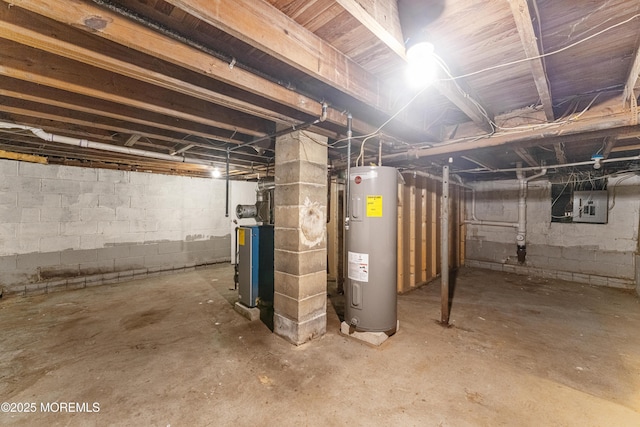 unfinished basement with electric water heater and electric panel