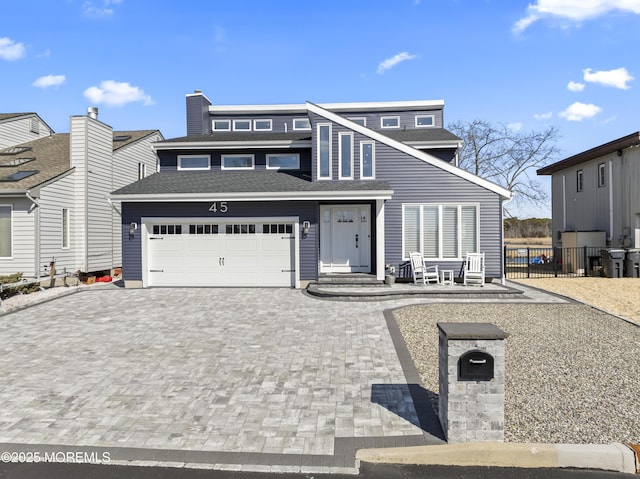 view of front of home with decorative driveway, a garage, roof with shingles, and fence