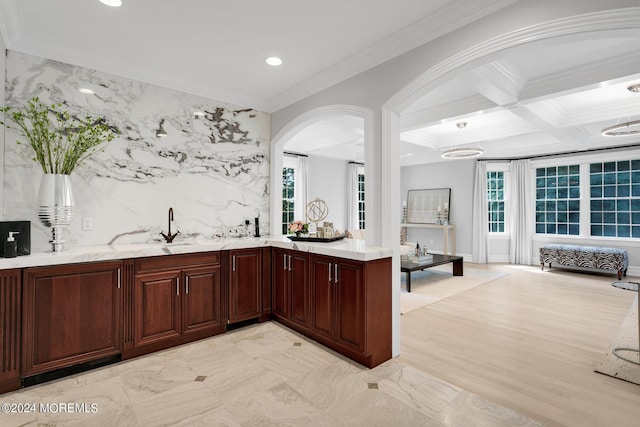 bar featuring coffered ceiling, beamed ceiling, crown molding, a sink, and recessed lighting