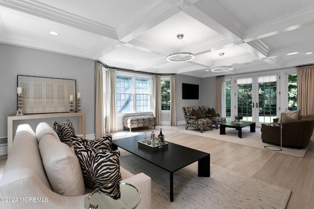 living room with light wood-type flooring, french doors, and beam ceiling