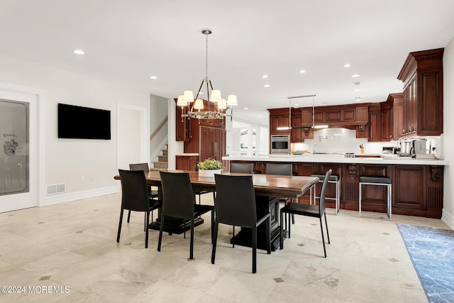 dining area featuring recessed lighting, visible vents, stairway, a chandelier, and baseboards