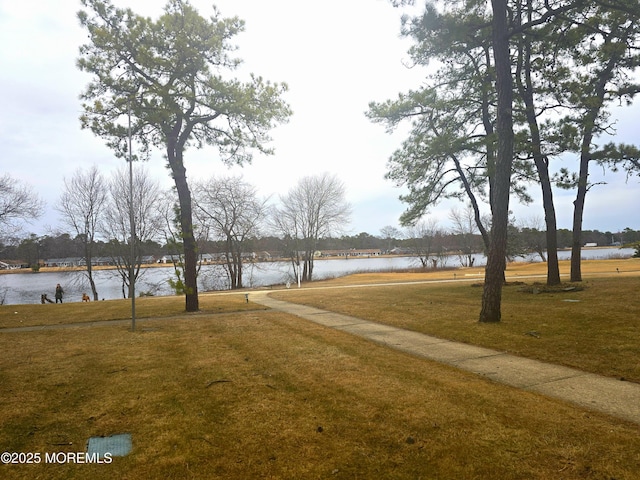 view of community featuring a water view and a lawn