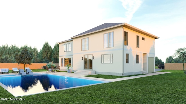 rear view of house featuring a fenced in pool, fence, a lawn, and stucco siding