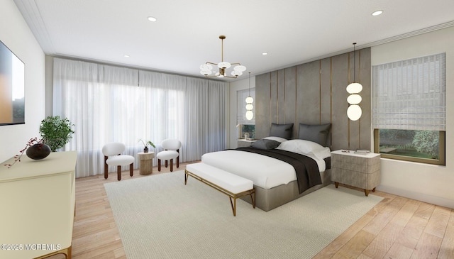 bedroom with a chandelier, wood finished floors, and recessed lighting