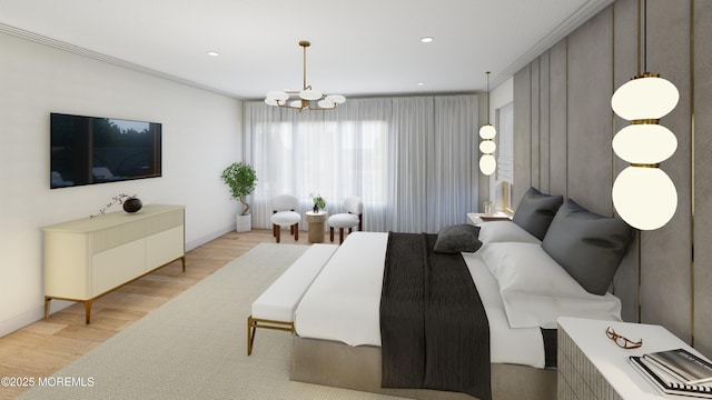 bedroom featuring a chandelier, light wood finished floors, crown molding, and recessed lighting