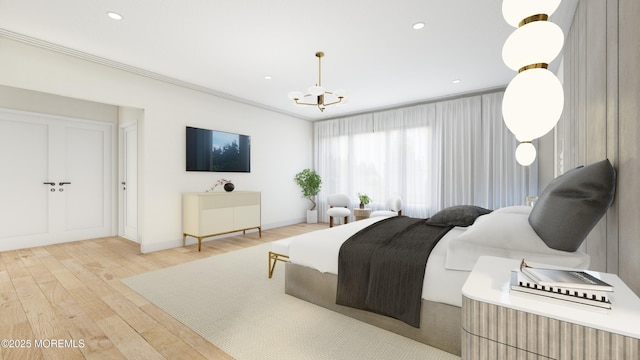 bedroom with ornamental molding, recessed lighting, a chandelier, and light wood finished floors