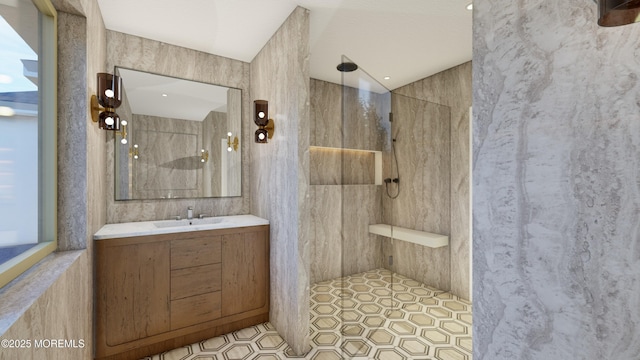 full bathroom featuring a walk in shower and vanity