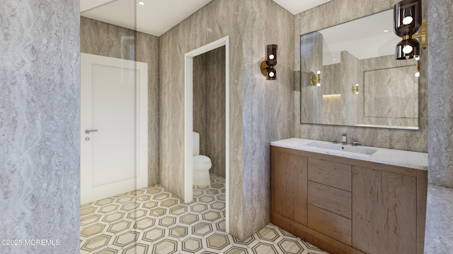 full bath featuring toilet, walk in shower, vanity, and tile patterned floors