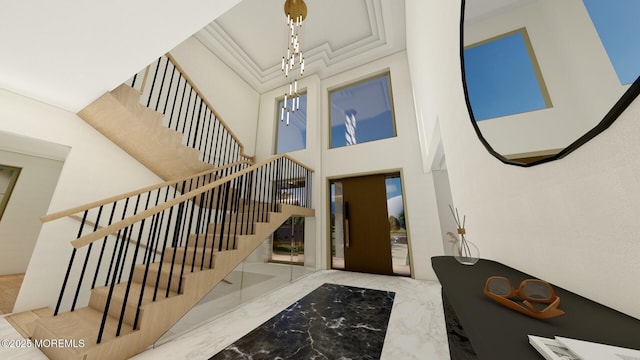 entryway featuring marble finish floor, stairs, and a high ceiling