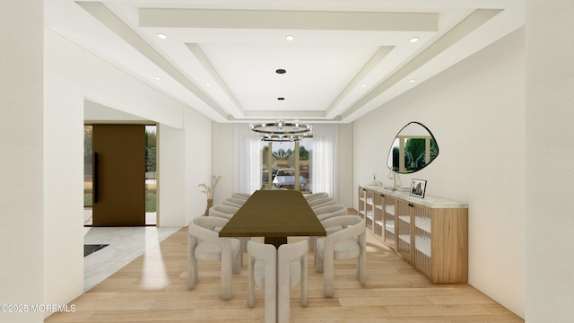 dining room with recessed lighting, a raised ceiling, light wood-style flooring, and an inviting chandelier