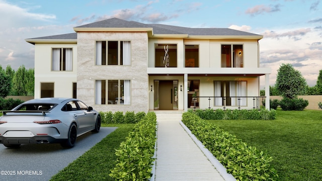 view of front facade featuring a porch, roof with shingles, a front lawn, and stucco siding