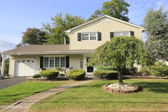 traditional home with driveway, a garage, and a front yard