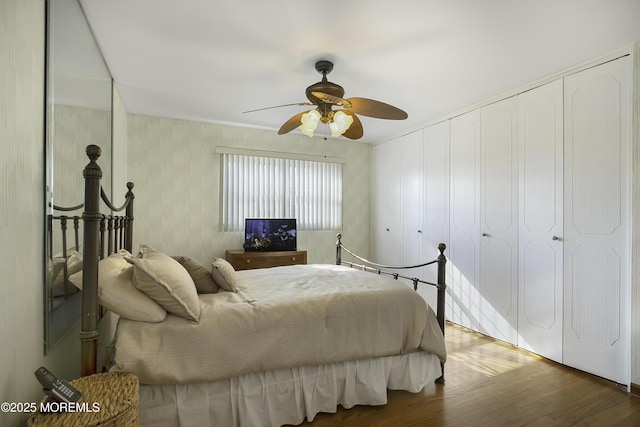 bedroom with a ceiling fan and wood finished floors