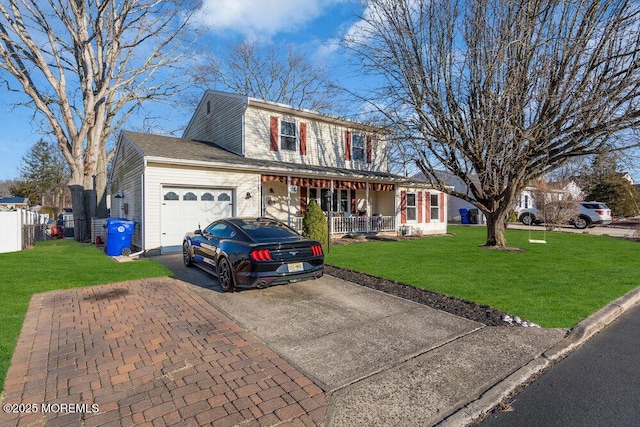 traditional-style house with a porch, a garage, fence, decorative driveway, and a front lawn