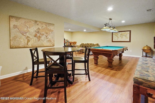 recreation room with recessed lighting, billiards, wood finished floors, visible vents, and baseboards