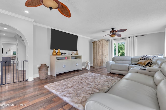 living room featuring arched walkways, ceiling fan, ornamental molding, and wood finished floors