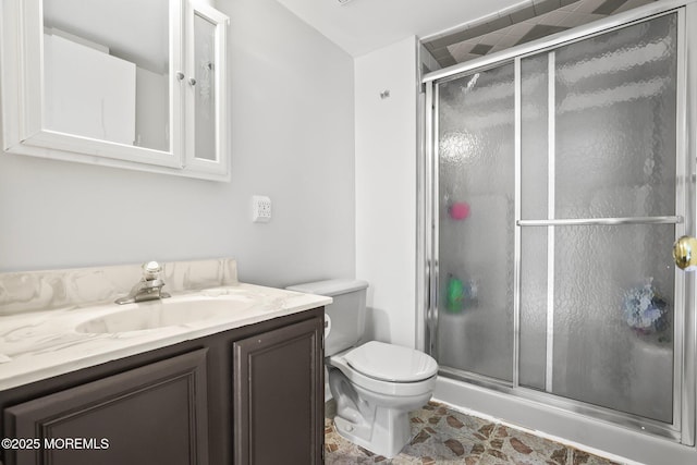 bathroom with toilet, a shower stall, and vanity